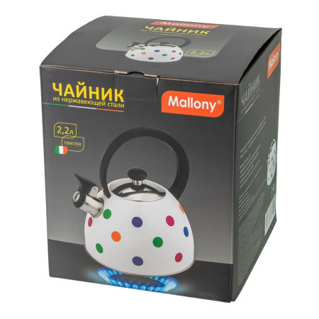 Изображение чайник из нерж. стали mal-0403,2,2 литра,окрашенный в горошек,со свистком,капсулированное дно