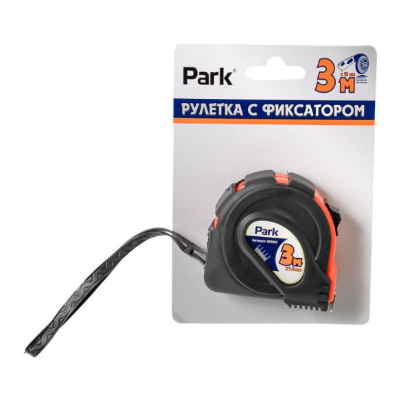 Изображение рулетка park с фиксатором, прорезиненный корпус, 3мx16мм / 12