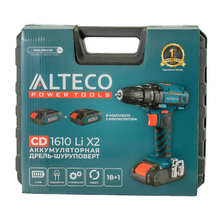 Изображение аккумуляторная дрель шуруповёрт alteco (16 в /1.5 а·ч /1250 об/мин /28 н·м) cd 1610 li x2 