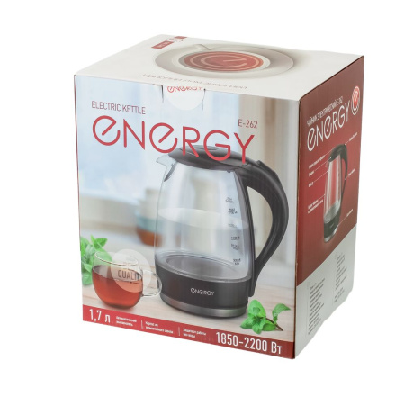Изображение чайник energy e-262 (1.7л) стекло, пластик белый, мощность 1850-2200 вт